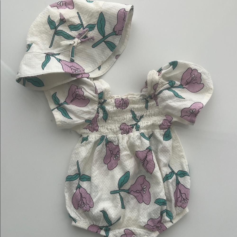 Floral smocked bubble romper + hat cotton ivory green purple spring summer